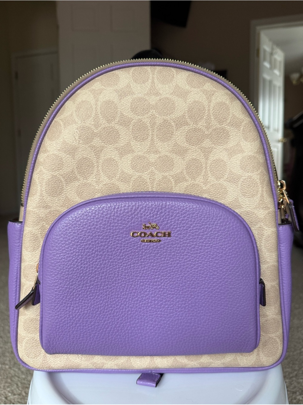 Coach Signature Canvas Backpack with Lilac Pebbled Leather